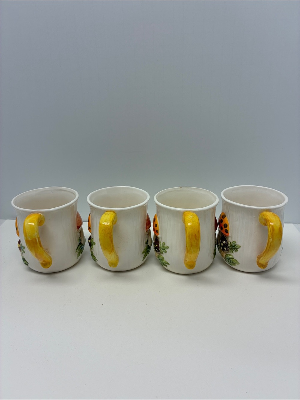 Vintage Merry Mushroom Ceramic Mug Set Yellow Handle Hand Painted Set of 4 - Picture 7 of 10